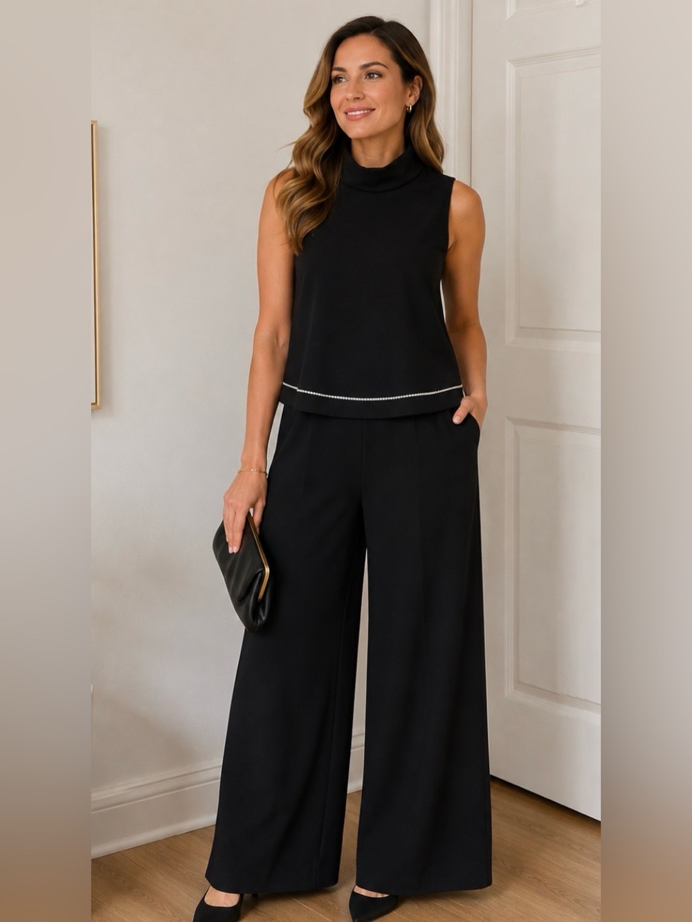 Jones New York Black Sleeveless Jumpsuit with Trim